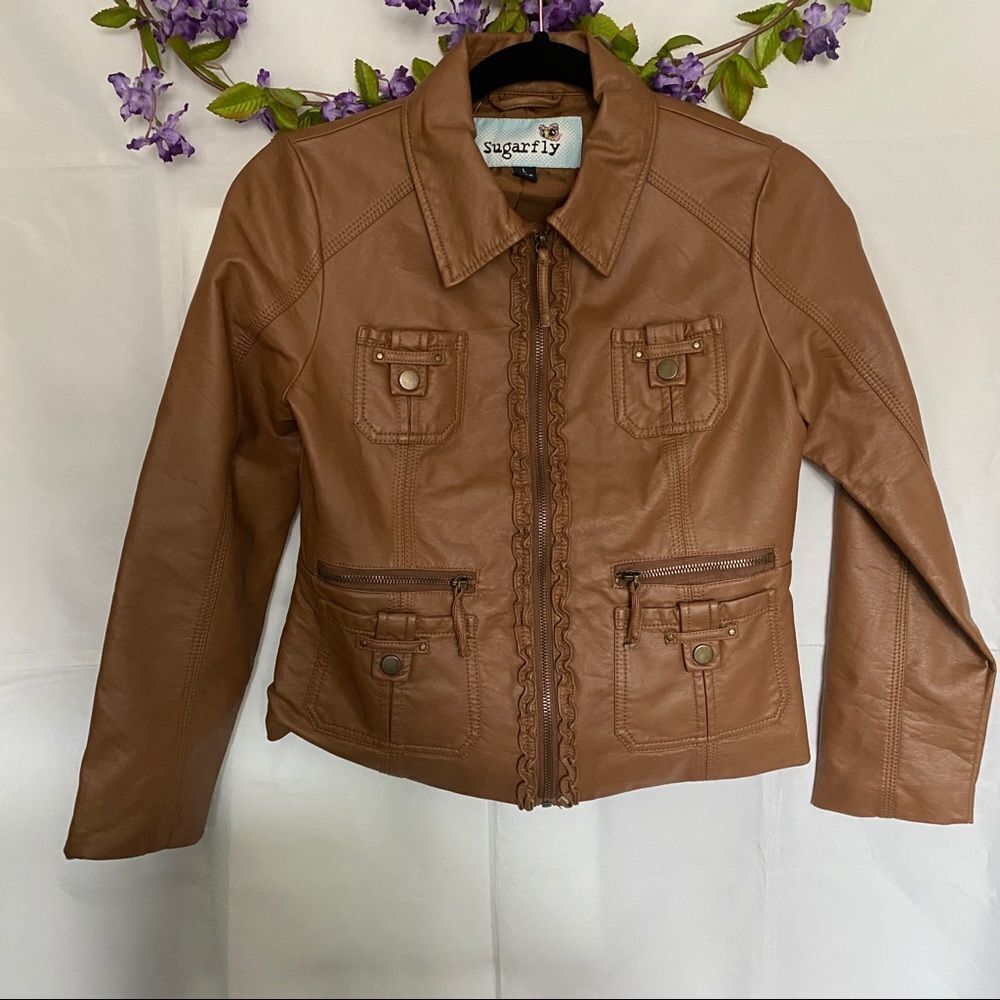 โSugarFlyโย BrownโFaux Leather BomberโJacket